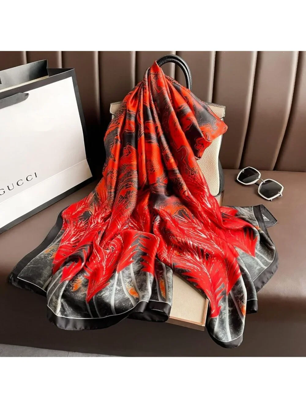 Women's Red Black Light Silk Like Scarves Flower Print Head Cotton Wrap Scarf